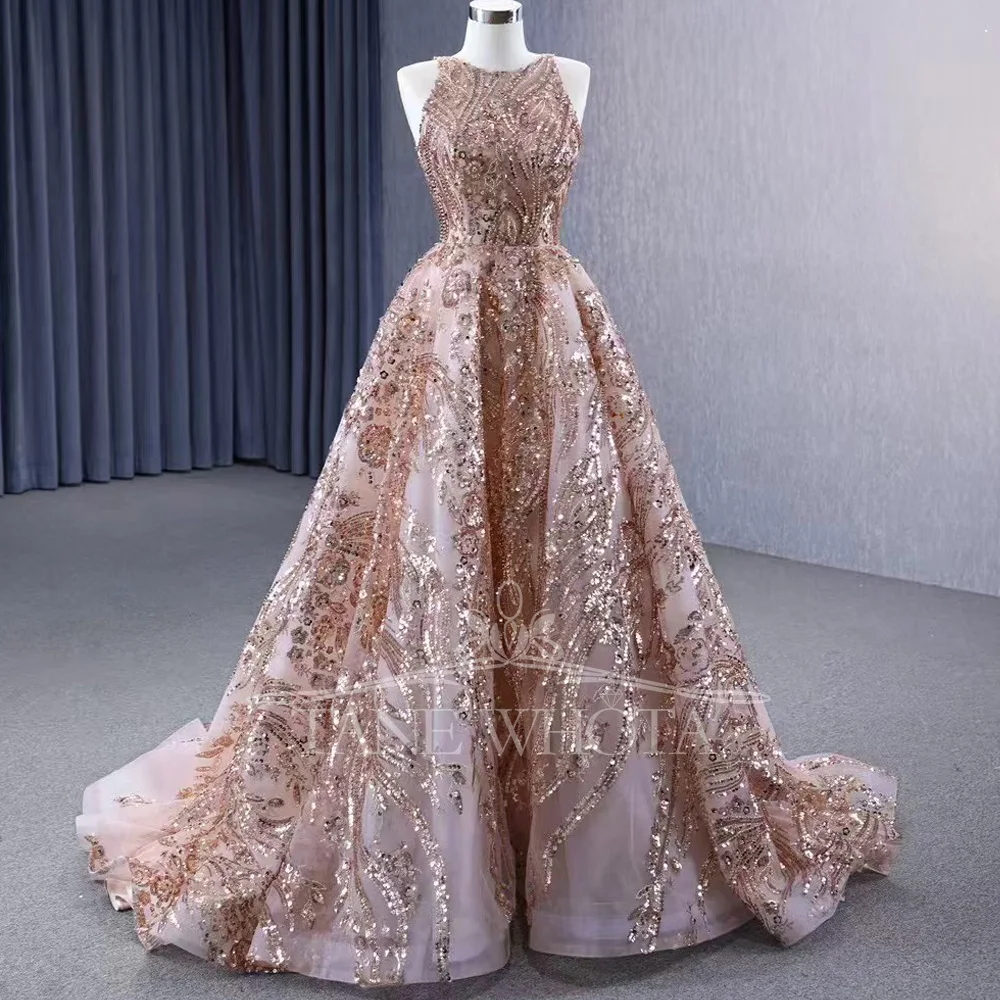 فستان سهرة بدون أكمام برقبة دائرية ورباط من الخلف ومطرز بالكريستال وقابل للتخصيص لملابس الحفلات