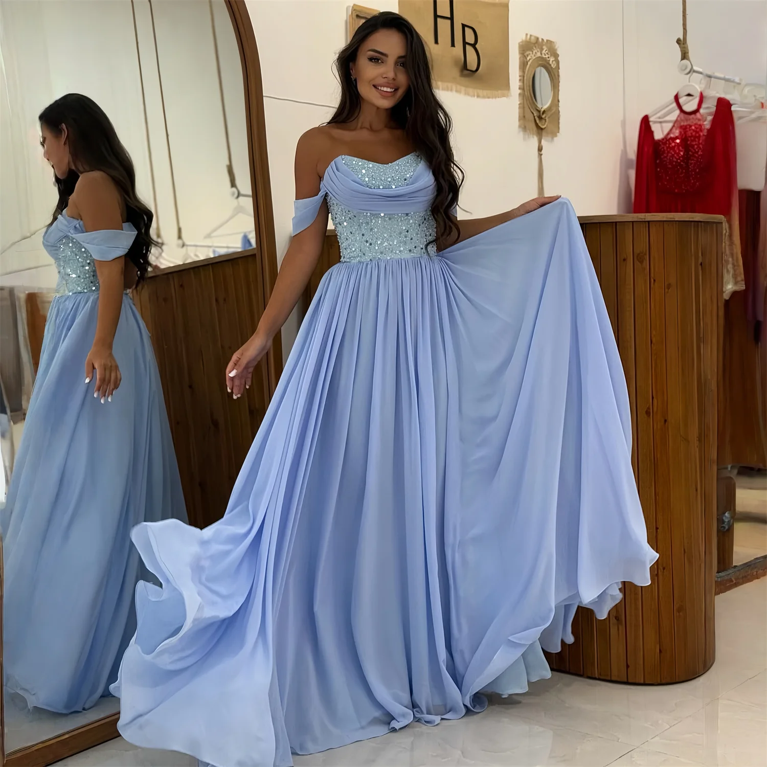 

EDECPBM Beading Prom Dress Women European Design Sky Blue Chiffon Customized 2026 Women's Formal Evening Gowns Robes de Soirée