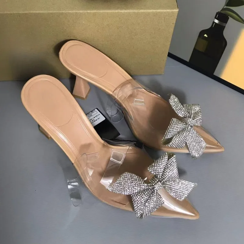 โปร่งใส PVC รองเท้าส้นสูงผู้หญิงรองเท้าแตะล่อ Glitter Silver Bow-knot Elegant Pointed Toe หรูหราหญิงงานแต่งงานรองเท้า