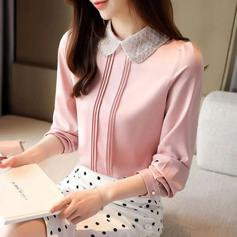 Fashion Peter Pan Collar Button Spliced Beading Folds Blouse Female Clothing 2022 Autumn New Loose Casual Pullovers Sweet Shirt