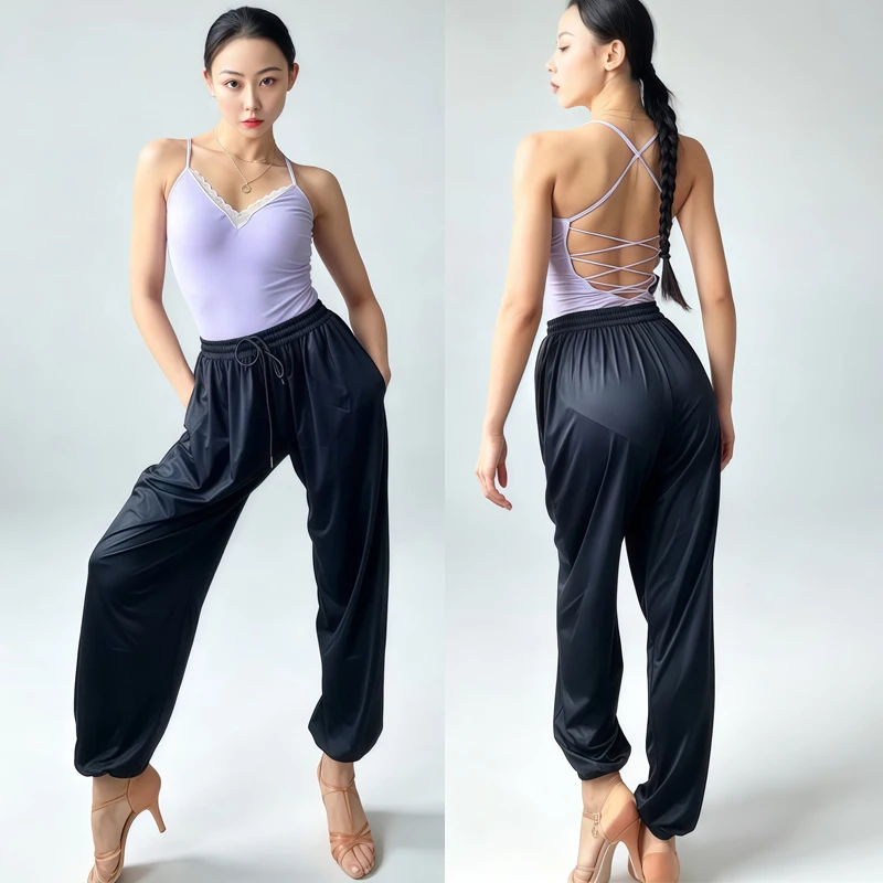 2026 Latin Dance Performance Costumes For Women Sexy Spaghetti Top Bodysuit Black Pants Practice Suit Chacha Latin Wear XH5207