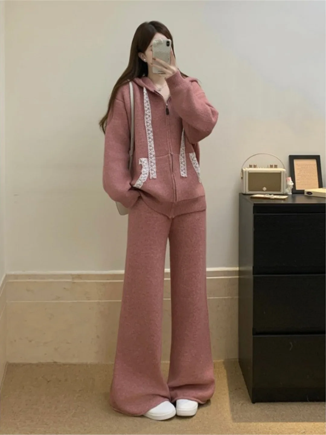 

Женский комплект больших размеров: розовое вязаное худи и брюки с широкими штанинами, осенний повседневный наряд, брюки с высокой талией