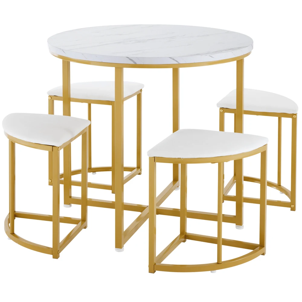 PINGGO Weißes Esstisch-Set mit 4 Samtstühlen, MDF-Tischplatte, vergoldeter Eisenrahmen, moderne Luxusmöbel für die Küche – Detail 7