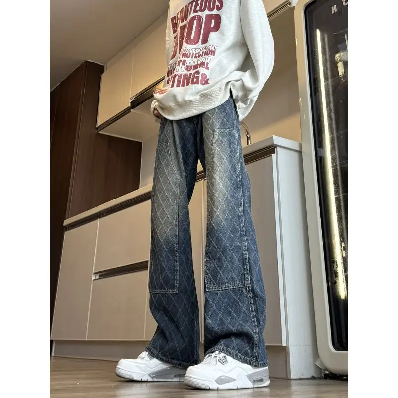 

KGOONIDT Men's Loose Straight Leg Jeans Diamond Patchwork Trendy Brand Breathable Cotton Blend Casual Straight Tube Trousers