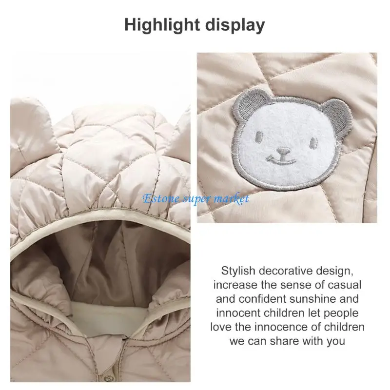 090B Comfortable Hooded Baby Romper Zippered Jumpsuit Cartoon Bear Thicken Warm Outwear Windproof for Infants Toddler