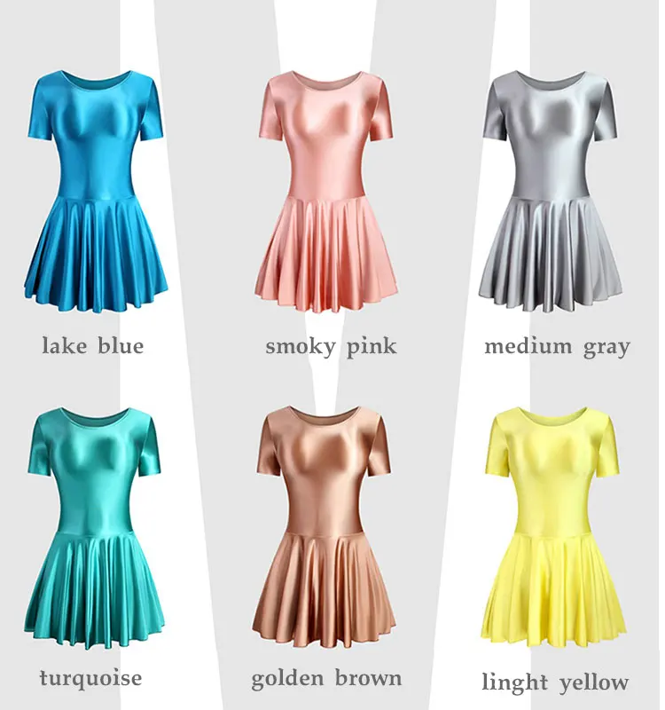 Collant sedoso brilhante, vestido de dança de balé, saia de prática, ginástica, esportes, yoga, manga curta, saia corporal