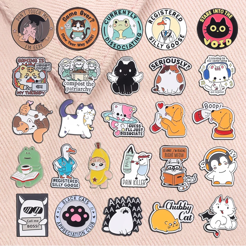 Animal Quotes Series Enamel Pins Registered Silly Goose Chubby Cat Golden Retriever Coffee Frog Brooch Lapel Badge Jewelry Gifts