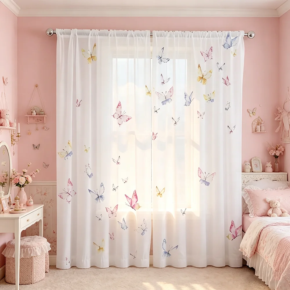 2PCS Digital Printed Sheer Curtain, Dreamy Butterfly Print, Whimsical Fairy Tale Fantasy for Living Room Bedroom Home Decor