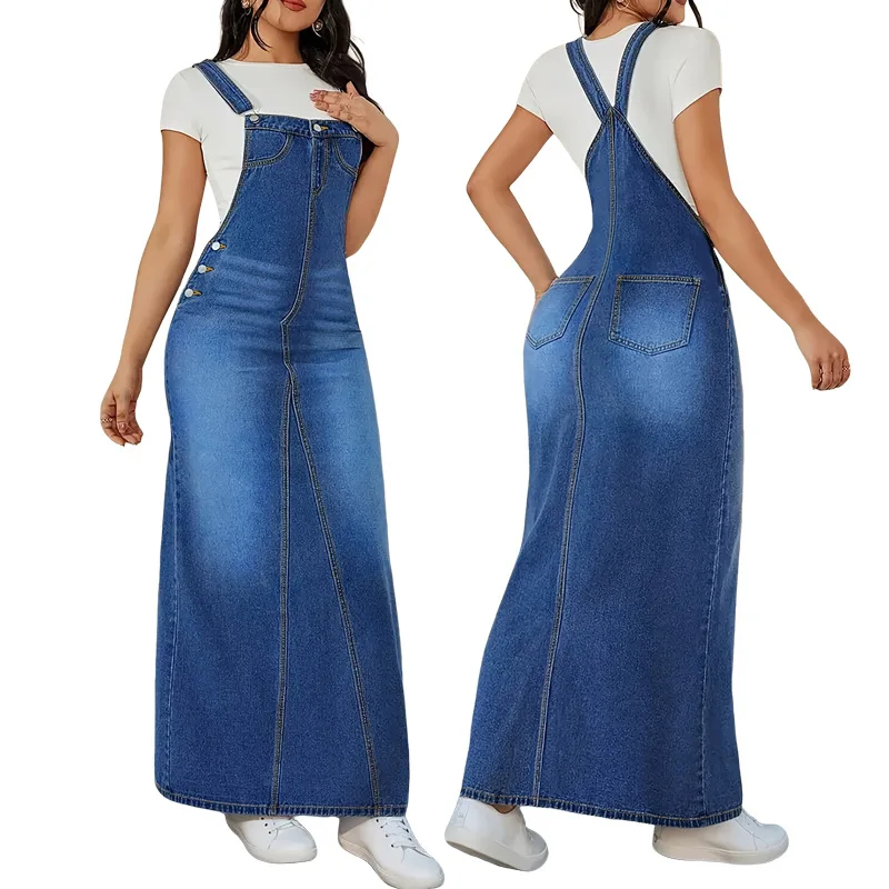 Women's Slim Fit Washed Waist Denim Suspender Dress Long Skirt Fashionable Casual Style