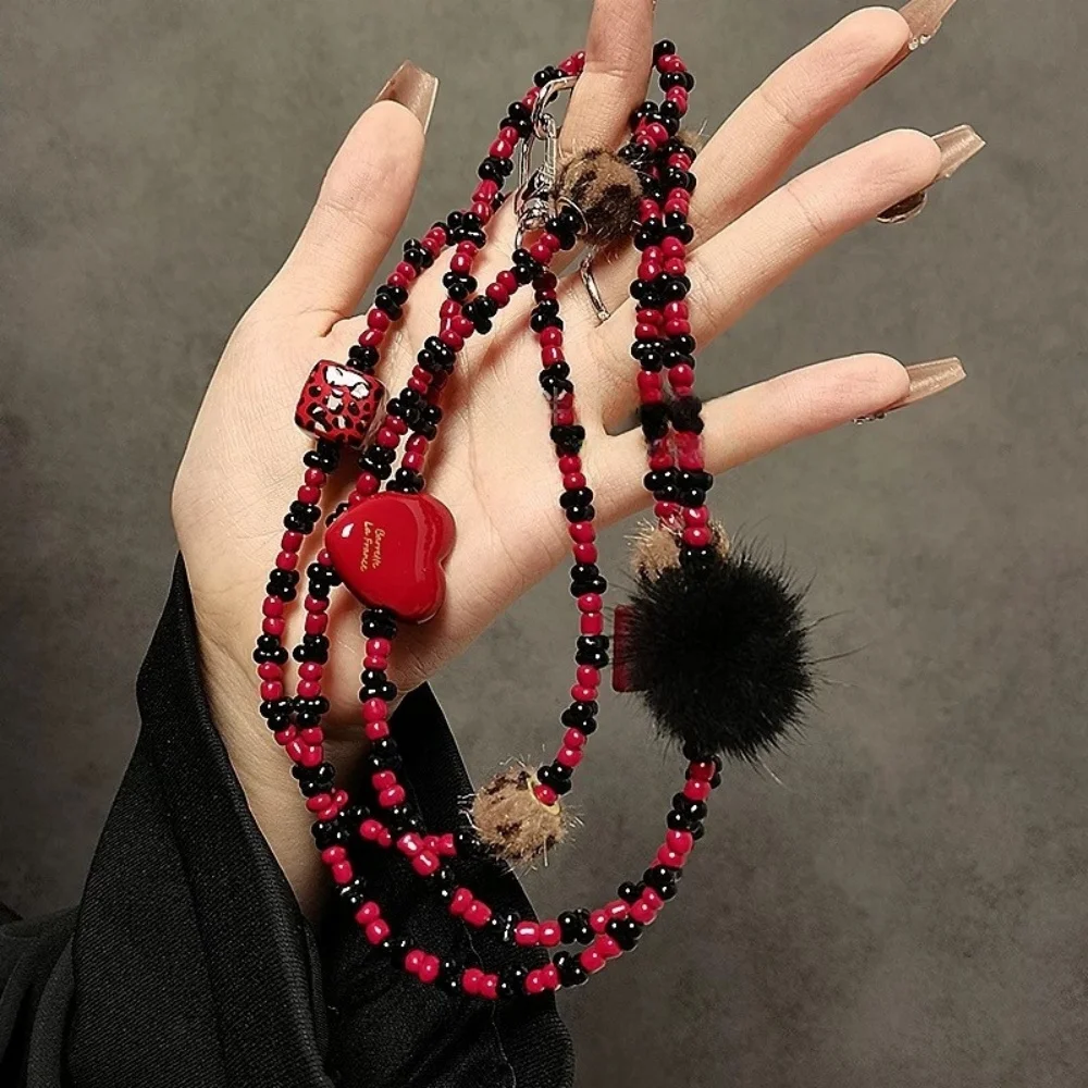 

[Sll] Роскошный высококачественный черный и красный шарик волос с длинным ремешком через плечо и цепочкой, чехол для мобильного телефона, сумка, универсальный кулон, женский