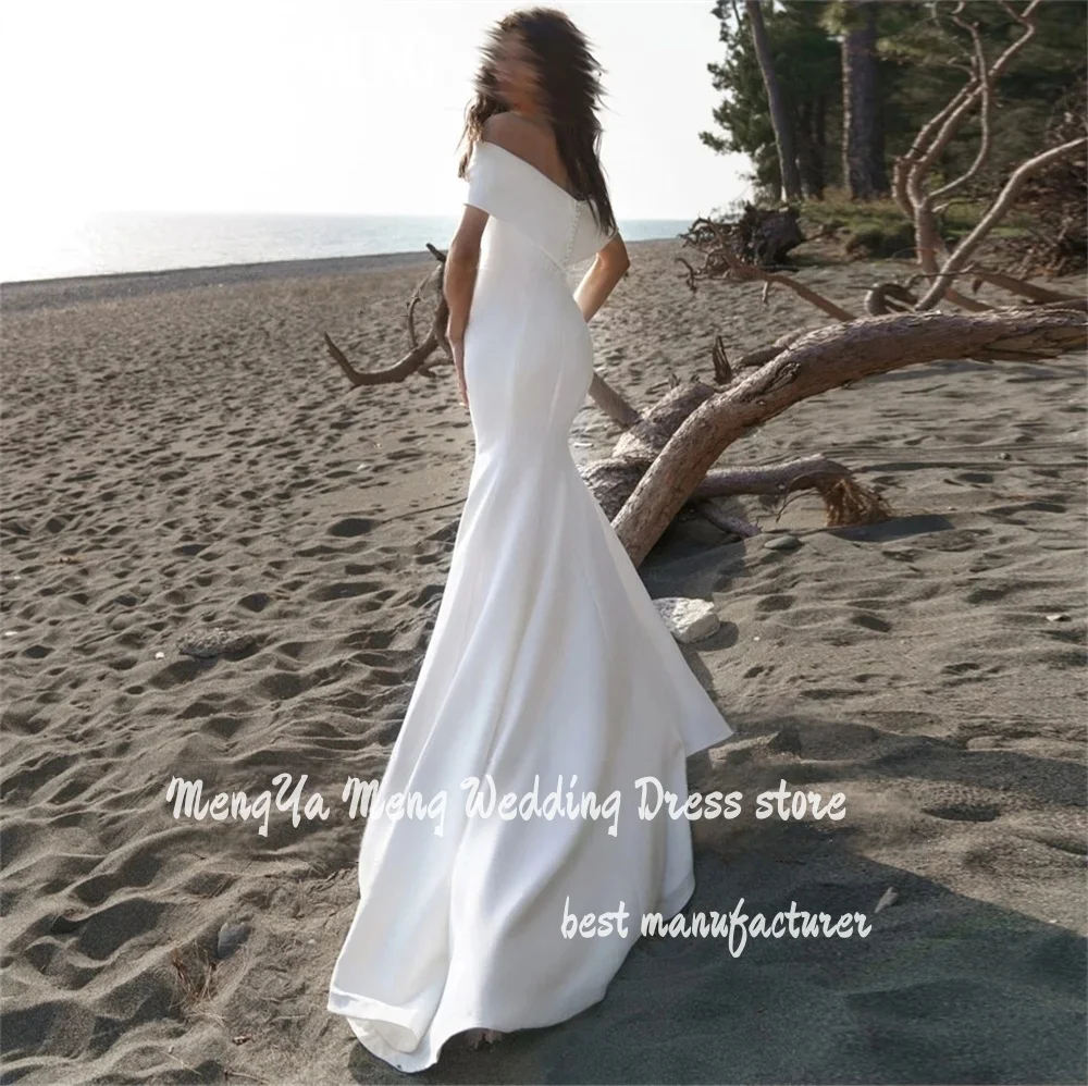 فستان زفاف بسيط للشاطئ كاجوال بدون ظهر مكشوف الأكتاف من الساتان الناعم حورية البحر للنساء بطول الأرض ذيل محكمة فستان زفاف مخصص #2
