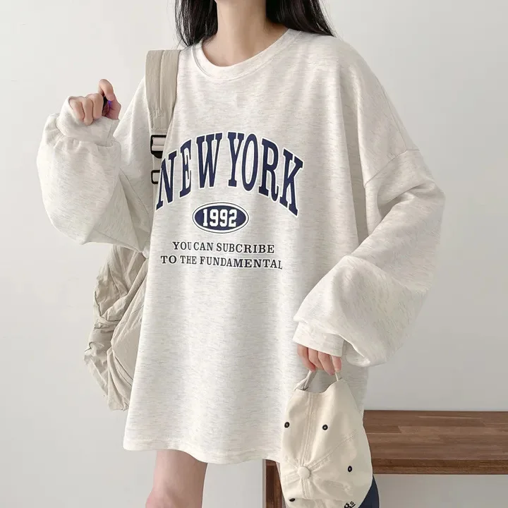 

Зимняя женская одежда, утепленный свитшот с буквенным принтом Нью-Йорка, модный повседневный пуловер с длинными рукавами и круглым вырезом, осенний свободный новый топ