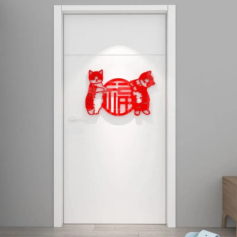 Cute Cartoon Cat Blessing Decoration Wall Stickers 3D Stereo Chinese Style Spring Festival Wall Sticker Acrylic Wall Sticker