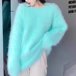 2022 New High Quality Women Soft Mohair Knitted Sweater Autumn Winter Long Sleeve Mink Cashmere Thick Warm Loose Jumper Pullover