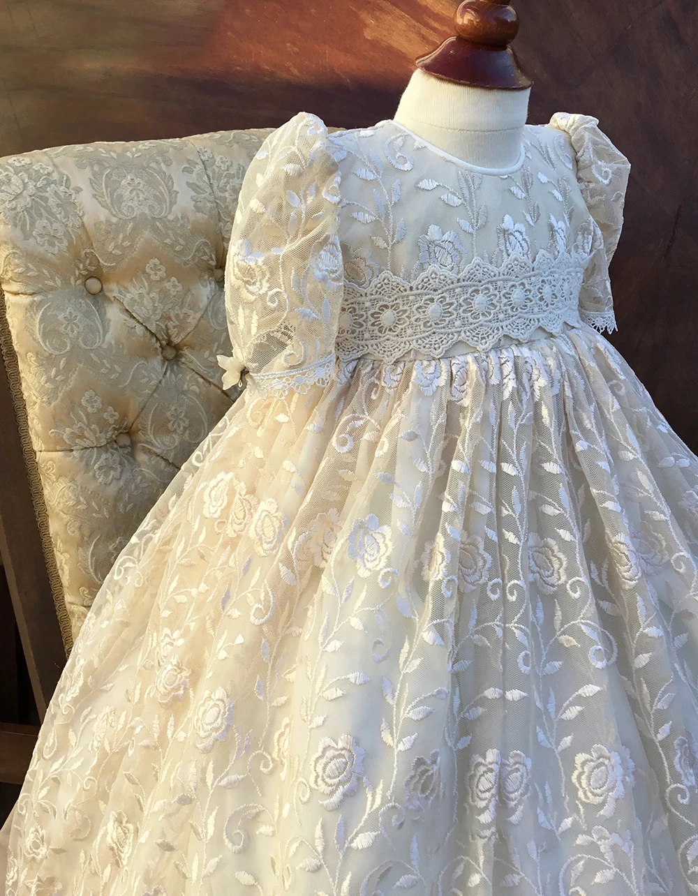 Sweet Baby Girl Christening Lace Appliques Puff Sleeve Full Length Infant Birthday Dress Set Custom Baptism Formal Wear