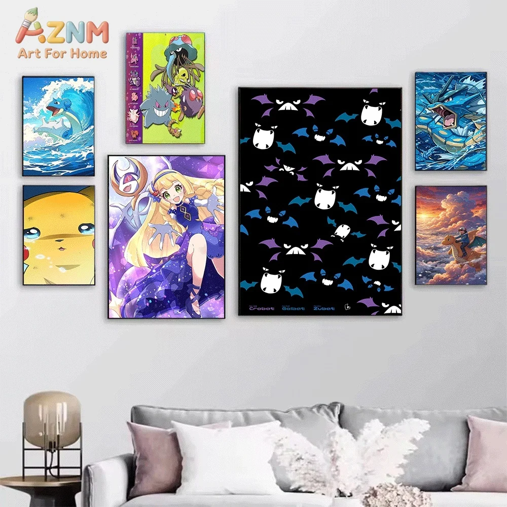AZNM Anime Pokemon Canvas Wall Print Ash Serena Lillie Pikachu Gyarados Charizard Unframed Canvas Art Poster For Bedroom Home