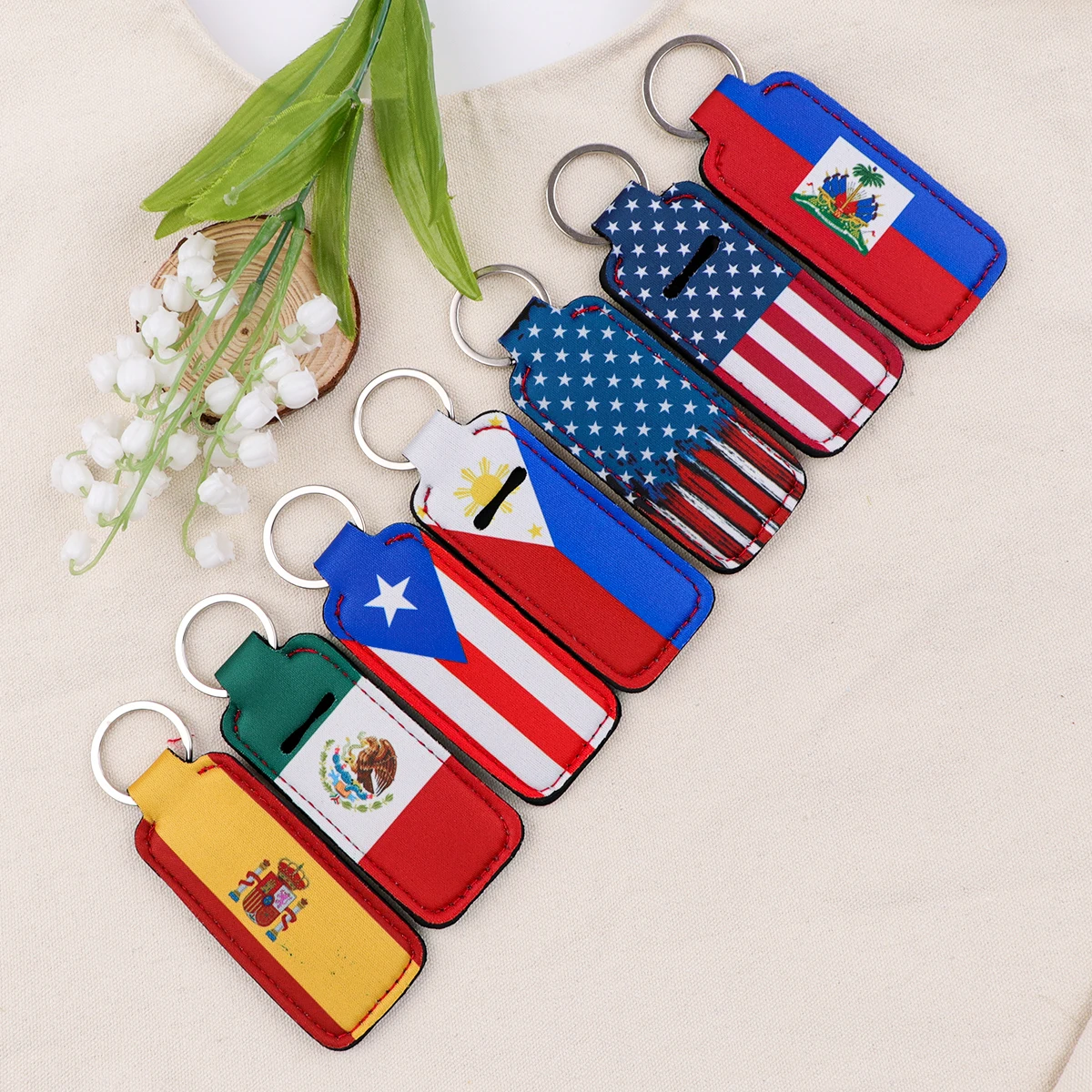 Mexico Spain Flag Lip Balm Holder Keychain Clip On Lipstick Sleeve Stainless Steel Keyring Travel Accessories Women Gifts