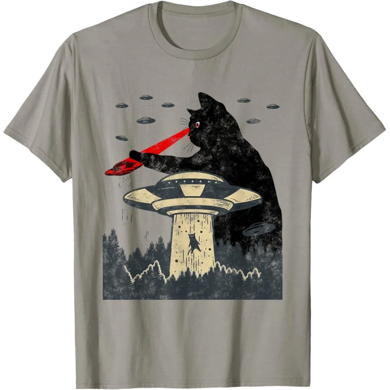 Men's and Women's Sports and Leisure Fashion Short sleeved Alien UFO Abduction Laser Eye Funny Cat Black Top T-shirt