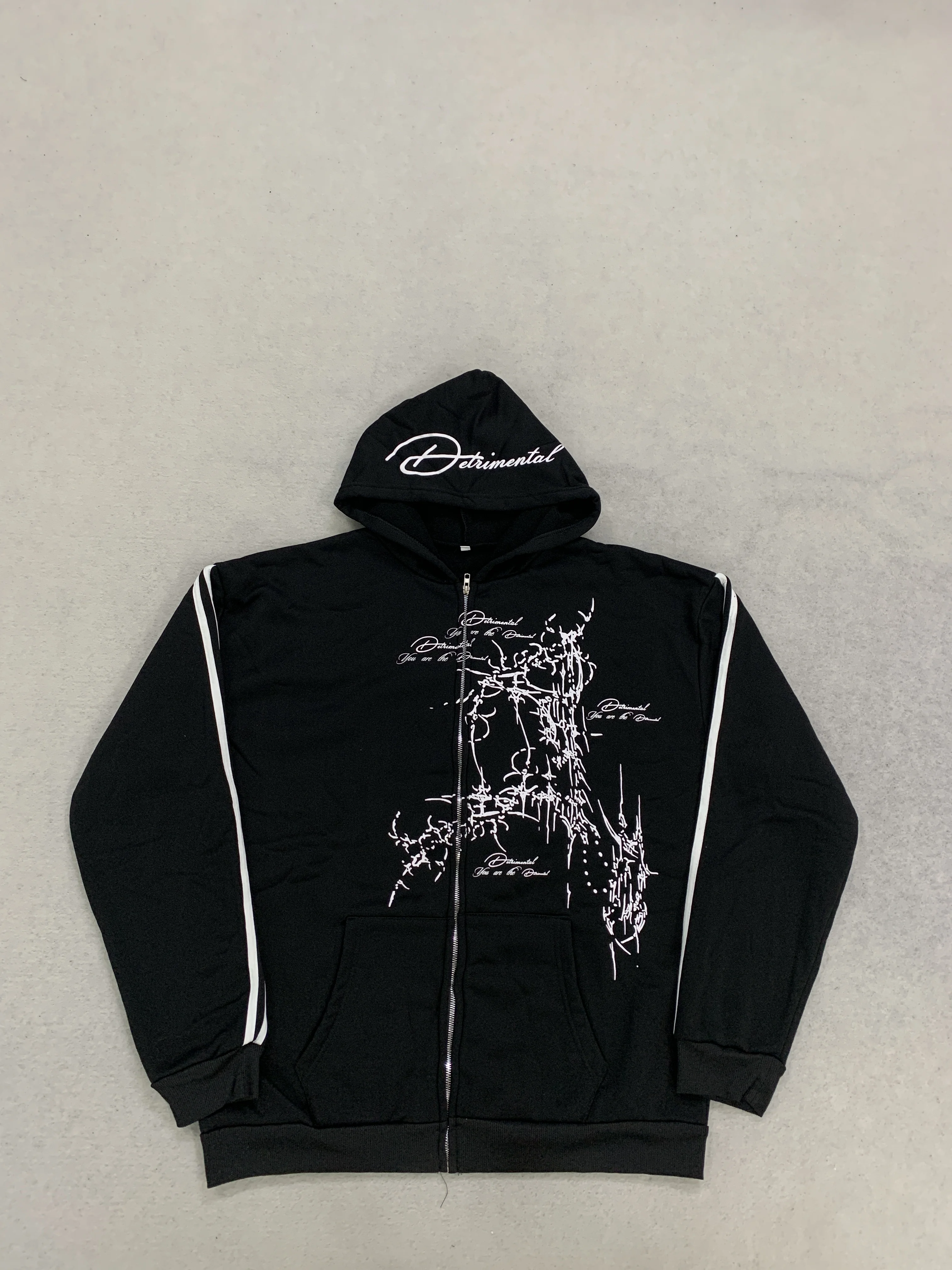 Gothic-Hoodie mit Dornen-Print und seitlichen Streifen, locker geschnitten, Y2K High Street, durchgehender Reißverschluss, Freizeitjacke für Damen und Herren – Detail 11