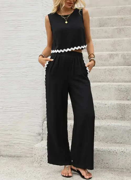 

2025 Summer New Set Commuter Style Contrasting Lace Patchwork Sleeveless Vest Pants Two-Piece Set for Women