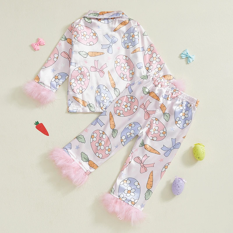 EWODOS Baby Girls Clothes Easter Pajamas Feather Cuffs Egg Bow Print Button Long Sleeves Shirt with Elastic Pants for Loungewear