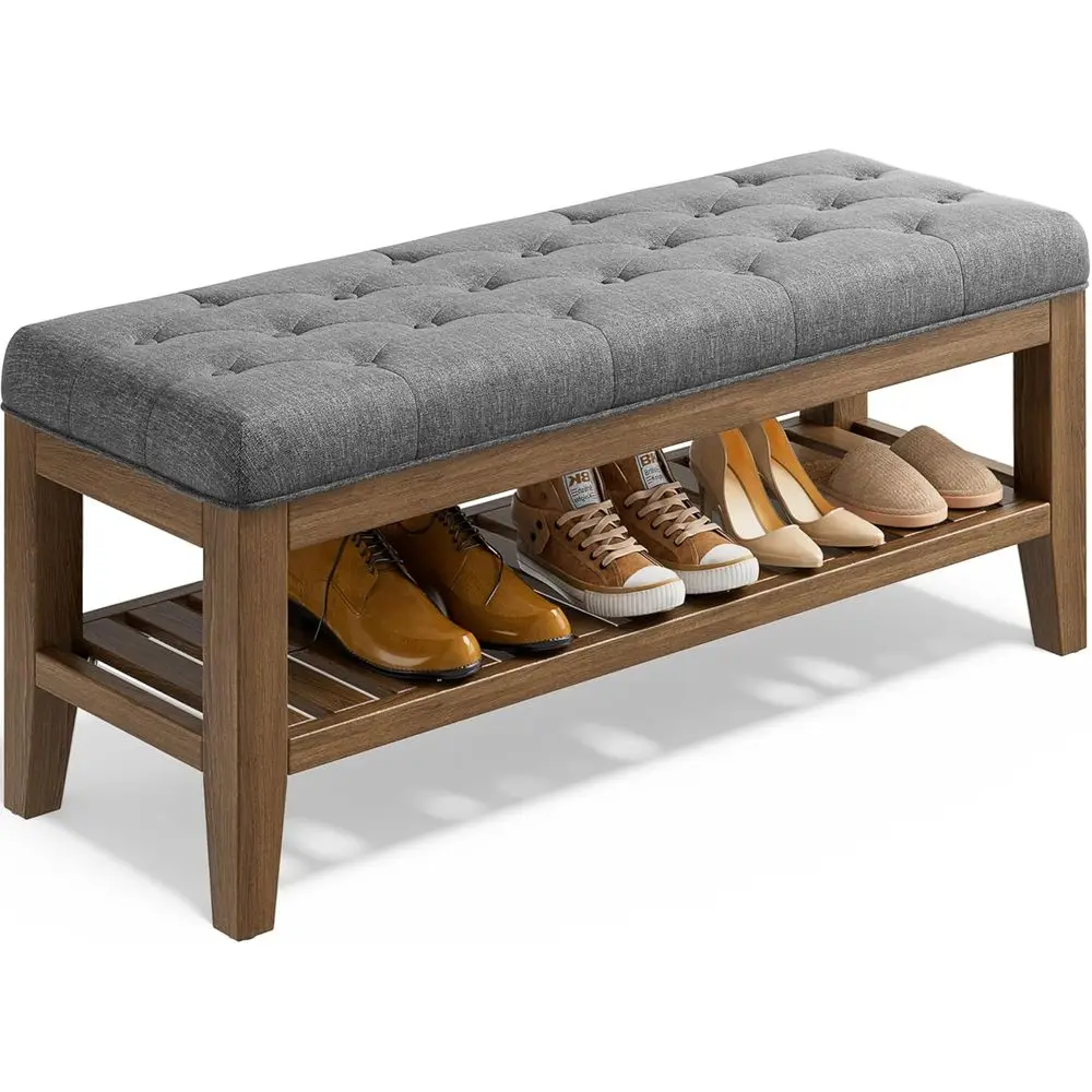

42.9 Entryway Shoe Storage Bench with Solid Wood and Upholstered Seat, Gray