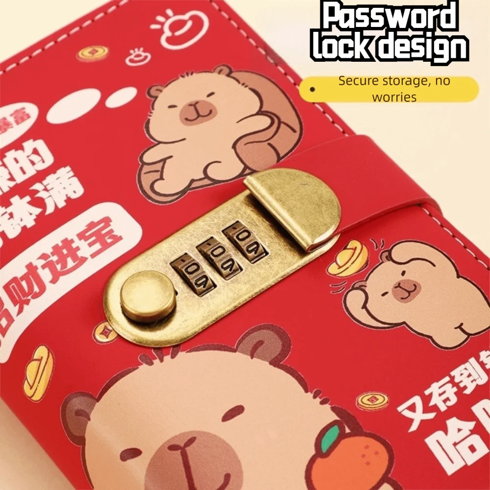 Cartoon Capybara Saving Money Binder PU Leather with Password Lock Budget Binder with Lock 100 Sheets A6 Planner Organizer