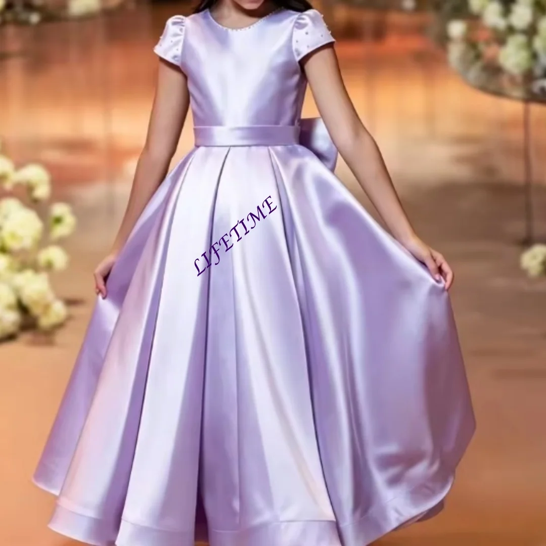 Wholesale Custom Elegant Princess Satin Flower Girl Dress Wedding Princess Short Sleeve Elegant Birthday Party Baby Customized