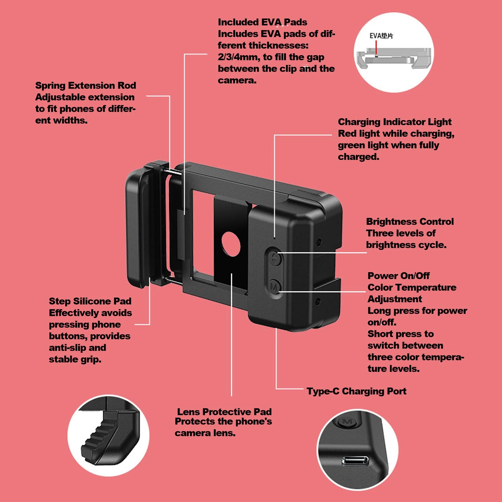 Andoer Phone LED Fill Light 2700-6500K Sturdy Pull Clip 17mm+37mm Thread Lens Adapter 95+ CRI for Kaleidoscope Lens