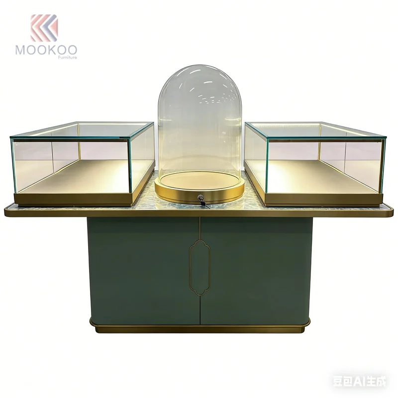 custom.Luxury Green Jewelry Island Display Gold Brass Trim Glass Dome Showcase Rotating Display High End Jewellery Boutique