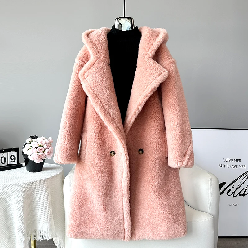 Women Real Wool Warm Teddy Fashion Coat Female Sheep Shearling Winter Long Hooded Jacket Parka JT3399