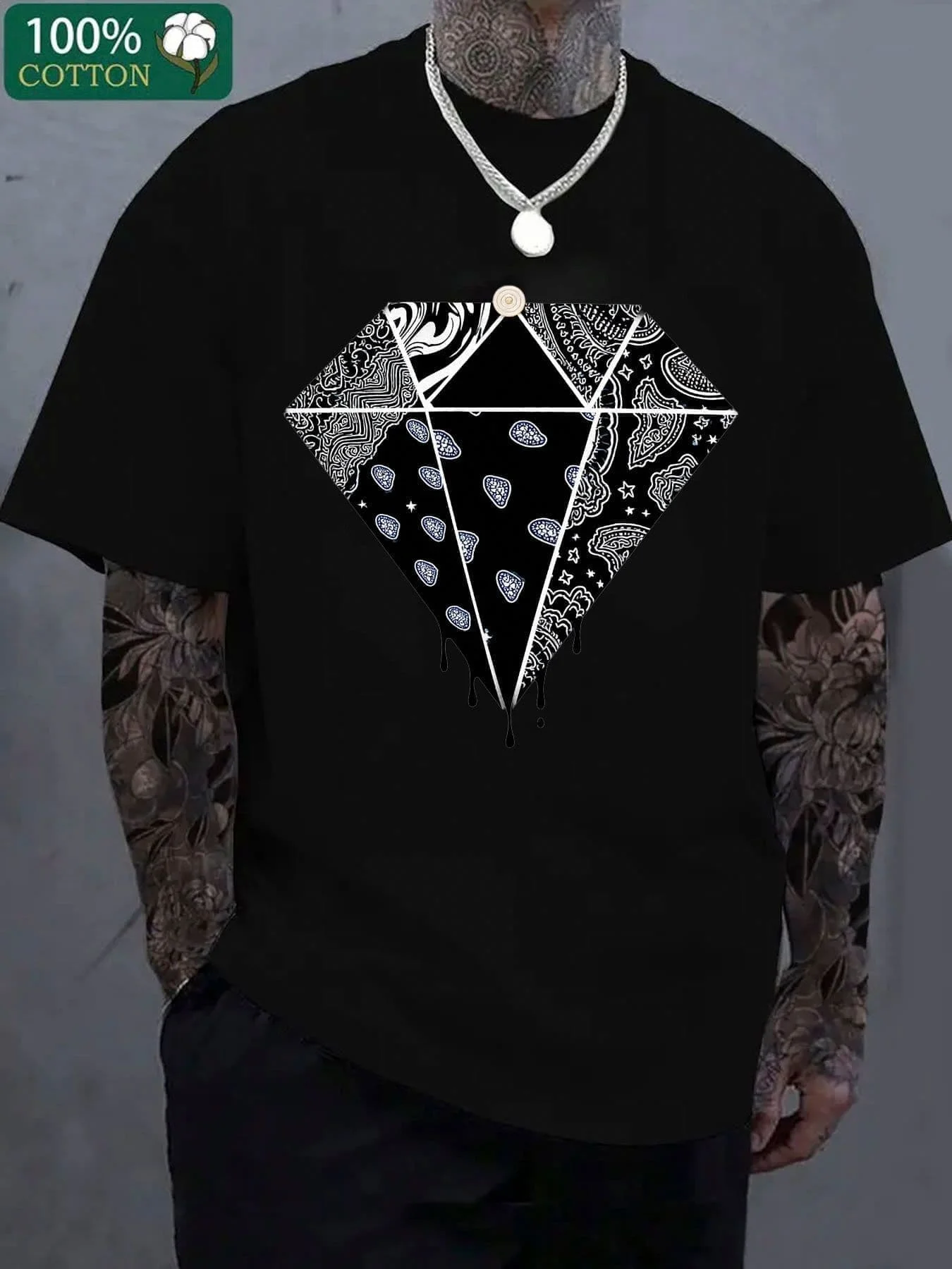 Men's Black Short Sleeve T Shirt with Diamond Print, Cotton Casual Crew Neck Regular Fit, Soft Breathable, All Seasons Wear, for Daily Commute & Leisure, High Versatility, Perfect Holiday Gift for Friends