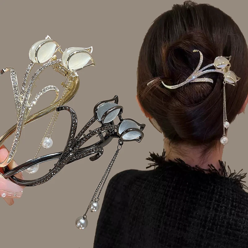 2023 Trendy Opal Tulip Tassel Twisted Hair Clip Women Girl's Ponytail Hairpin Claw Shinny Headwear Accessories