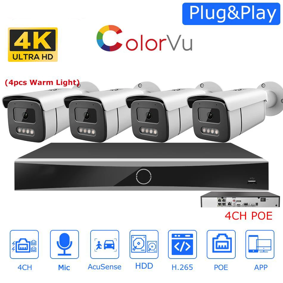 

4K Security CCTV System 4CH POE NVR 8MP ColorVu IP Camera Built-in Mic Human Vehicle Detection Plug&Play APP Hik-connect