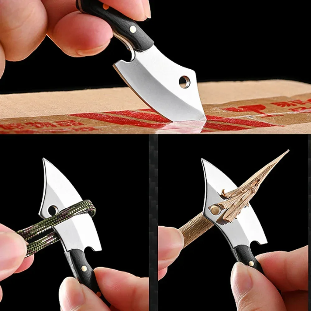 Mini Wooden Handle Knife Outdoor Camping Open Box with Chain Portable EDC Key Knife with Leather Sheath Chain