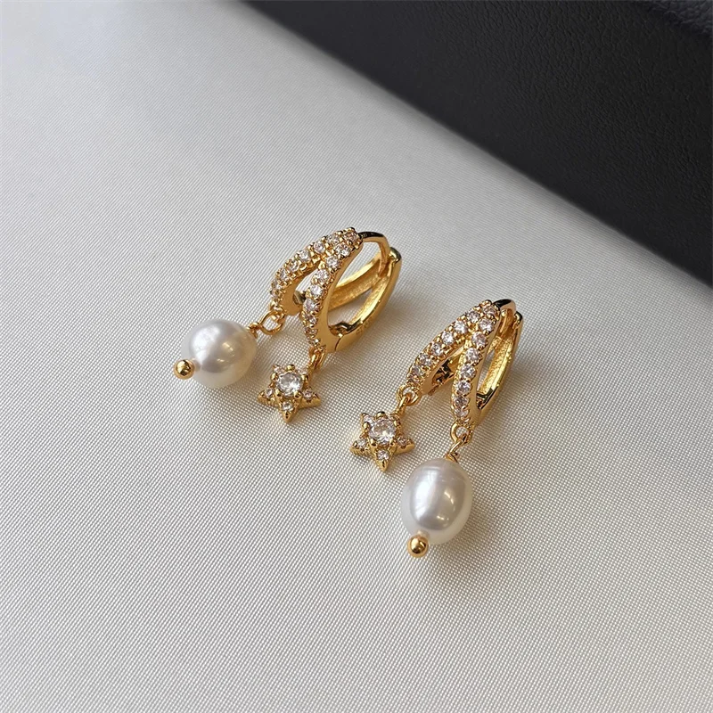 Natural Baroque Pearl Zircon Star Earrings for Women Niche Exquisite All-match Fashion Unique Jewelry Earrings Buckle