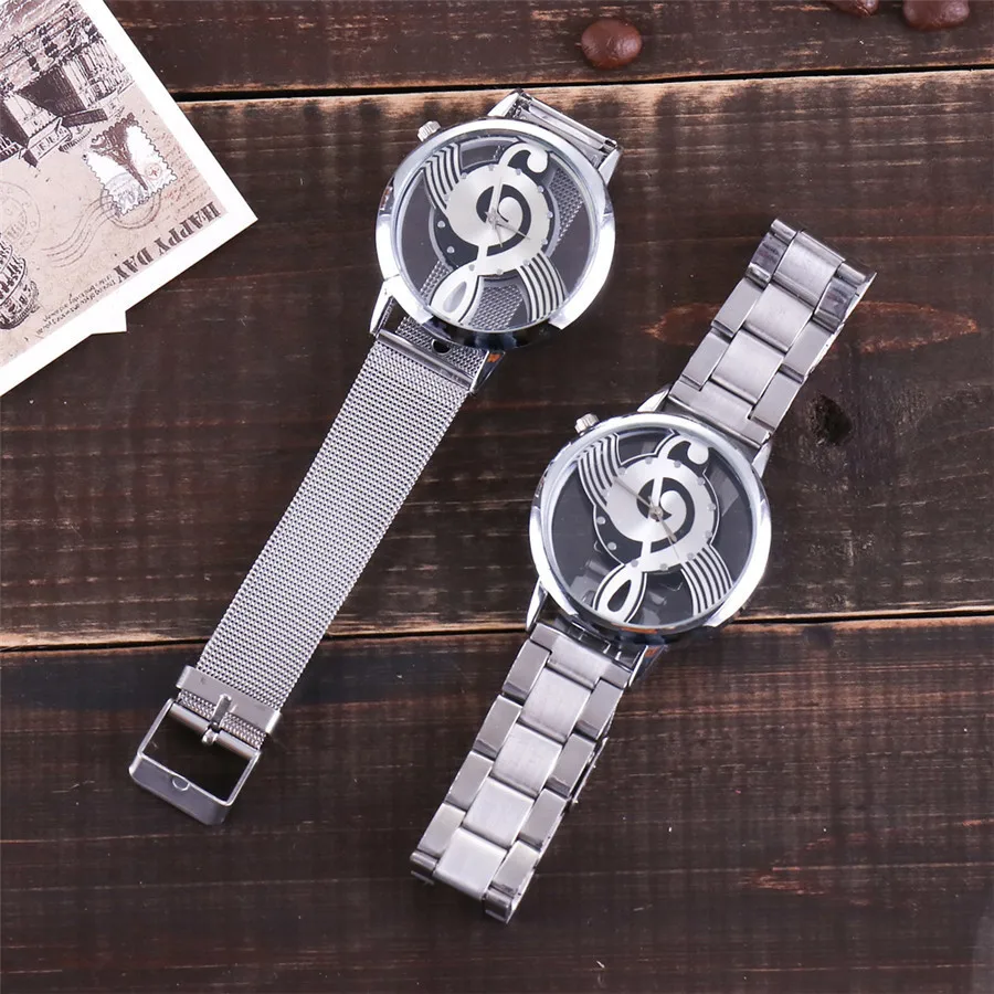 2023New Brand Fashion Hollow Music Note Notation Watch Stainless Steel Quartz Wrist Watch For Men Women Silver Mesh Watches