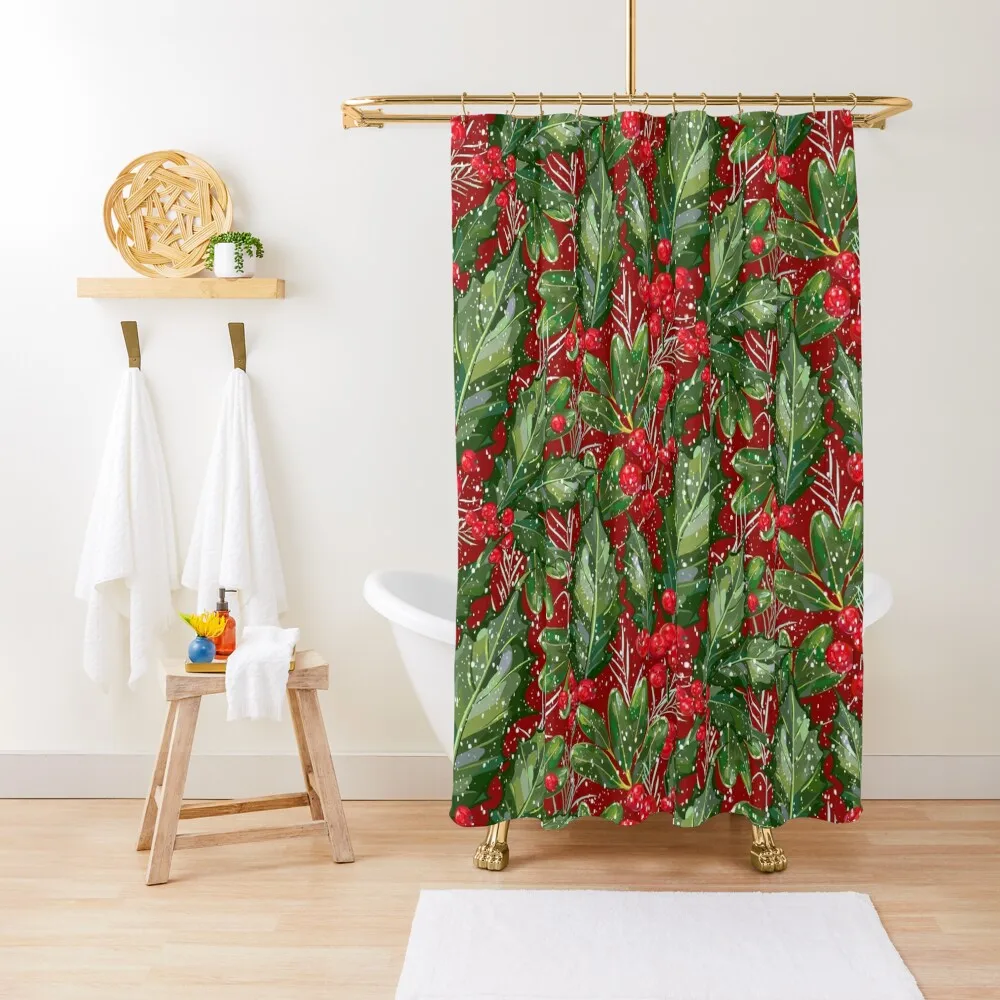 

Festive Christmas Snow Holly | Red Shower Curtain For Bathrooms With Beautiful Designs Luxury Bathroom Shower Curtain