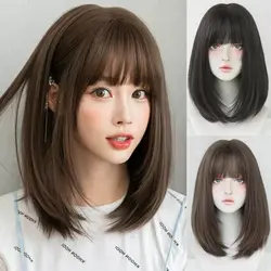 Women Wigs Lace Topper Bobo Hair Women Hairpiece with Bangs Stragiht Black Hair Toppers Real Human Hair Women Hair Extensions