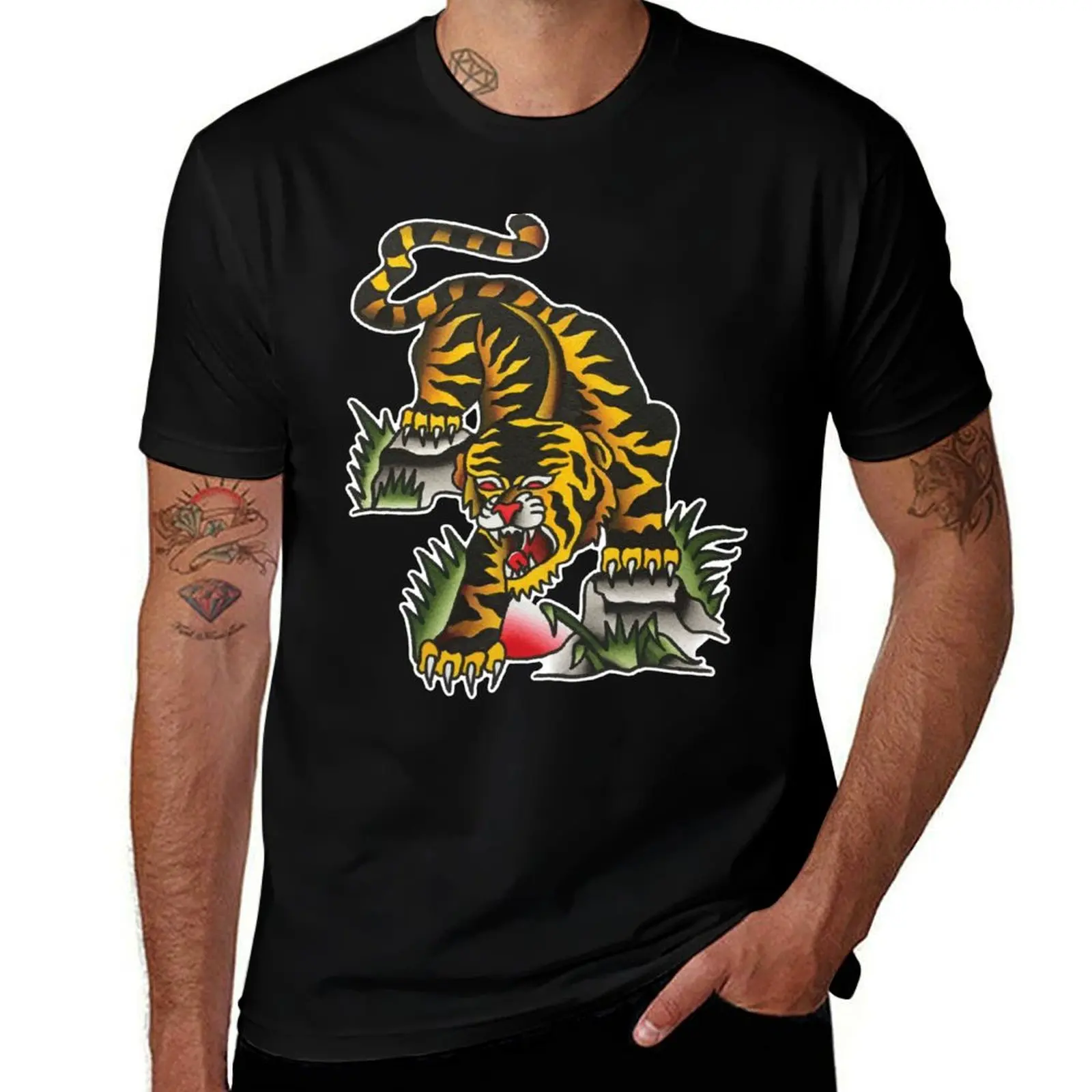Traditional Crawling Tiger Tattoo Design T-Shirt t shirts for man pack white T-Shirt