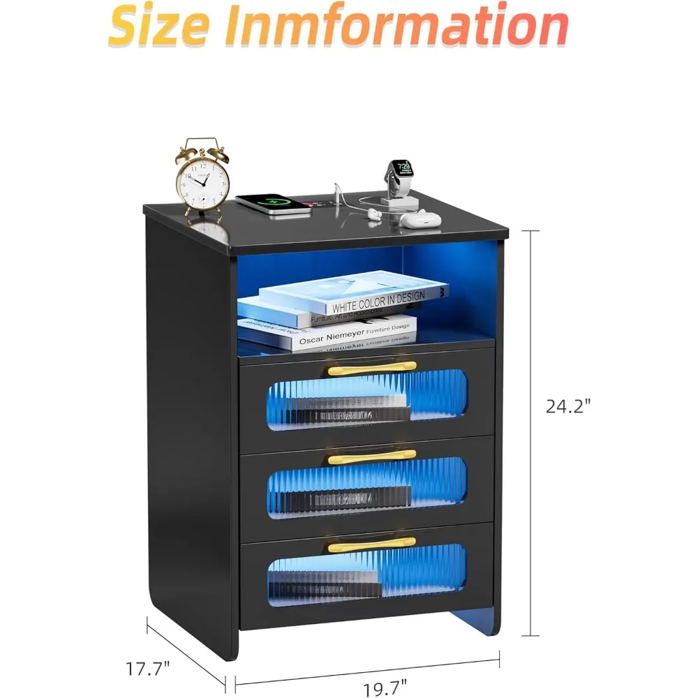 Mesita de noche LED con estación de carga, cajones de mesita de noche modernos, elegante de alta calidad, diseño simple para el hogar