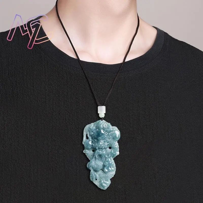 Myanmar Jadeite Dragon Pendant Necklace Stone Carved Amulet Fashion Accessories Talismans Vintage Burmese Jade Designer view 3