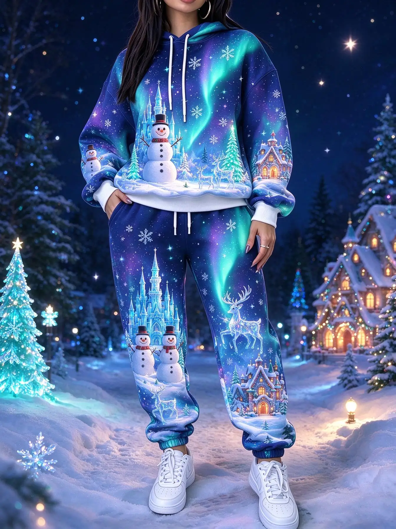 Women Christmas 2 Piece Tracksuit Reindeer Winter Cabin Print Hoodie & Jogger Pants Matching Set view 5