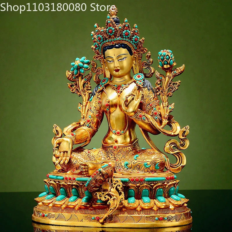 Copper Gilt Inlay Green Tara Statue Tibetan White Tara Goddess of Longevity Sculpture, 45cm, 32cm, 21cm