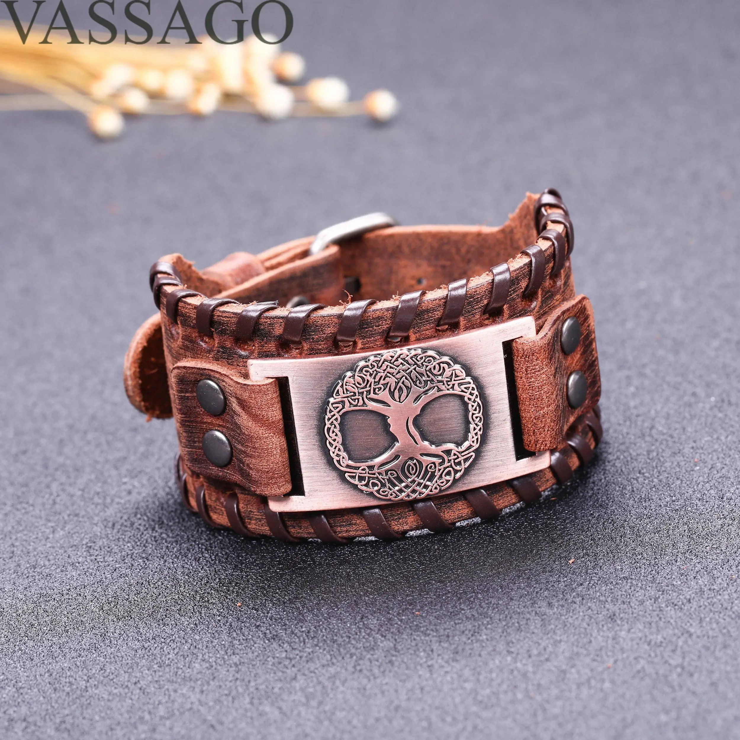 Amulet Norse Viking Tree of Life Yggdrasil Celtic Knot Metal Brown Leather Bracelet for Men (brown leather, antique copper)