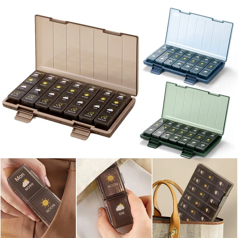 

Portable Weekly Pill Organizer 21/28 Grids Stackable Design Removable Compartments for 7 Day Medicine Storage Vitamin Box Travel