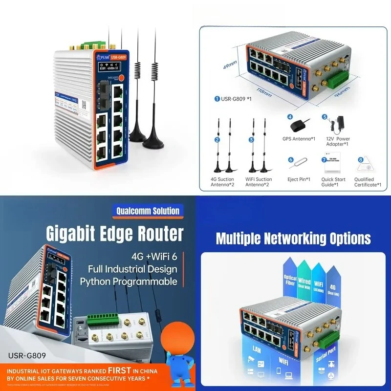 PUSR Gigabit Edge Router Dual Band 4G WiFi6 Python OLED DIY Display Industrial Cellular Router USR-G809s-G