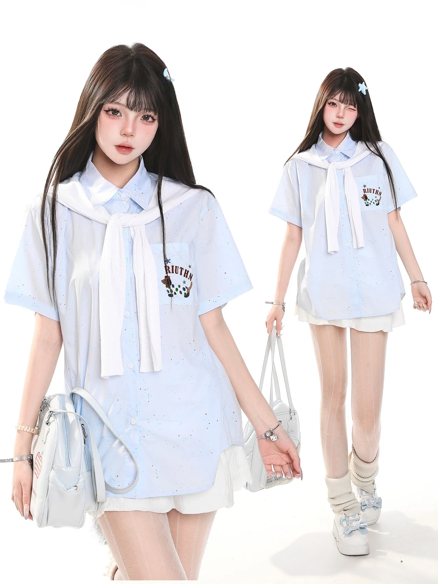 

Casual Loose Short Sleeve Women's Shirt Fake Two-Piece Shawl College Style Summer Fashionable Versatile Korean Loose Age-Defy...