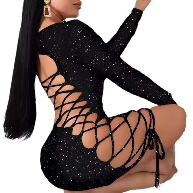 女性のセクシーな長袖ヒョウ柄ローカット中空アウトレースアップ包帯スキニー背中の開いたボディコンイブニングパーティークラブミニドレス