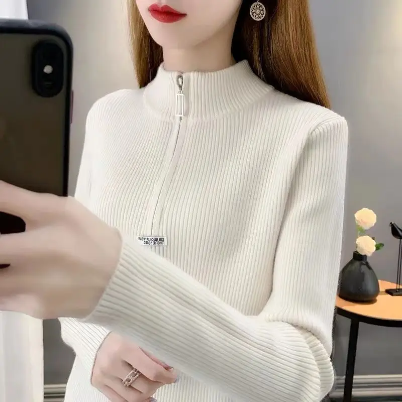 Autumn and Winter Women's Solid Color Half High Neck Long Sleeve Knitted Pullover Zipper Loose Plus Size Fashion Casual Tops